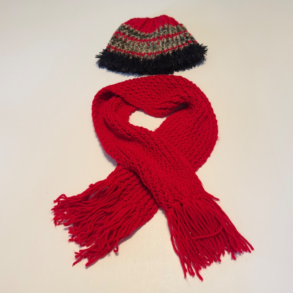 Handmade Knit Scarf Beanie Set Red Grey Black Chunky Winter One Size Warm Cozy